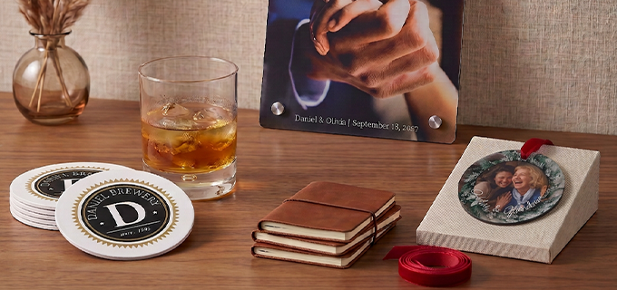Personalized gifts including full-color wall art, custom ornaments, and personalized coasters
